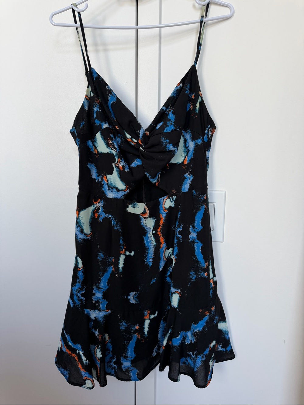 Olivaceous Black Slip Mini Dress with Blue and Cream Abstract Print